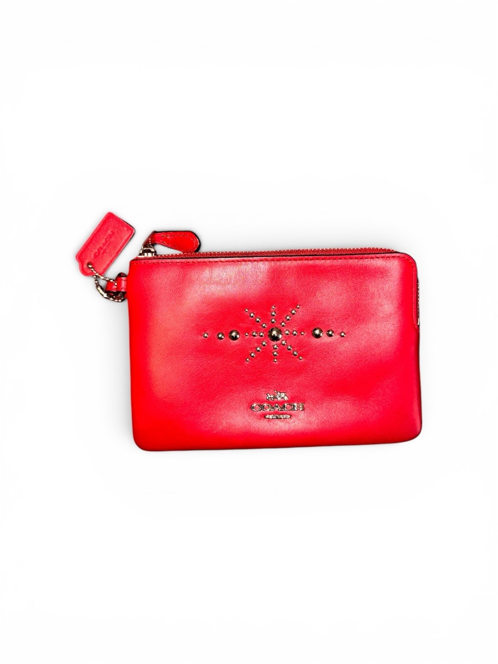 Coach Red Leather Zip Wristlet with Stud Details